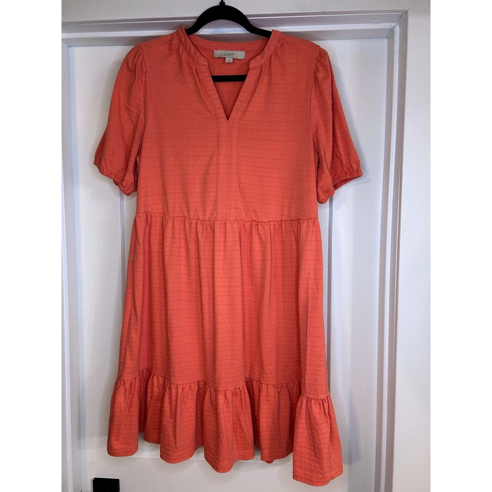 LOFT Coral Pink Textured Tiered‎ Babydoll Mini Dress Short Sleeve Medium Coastal